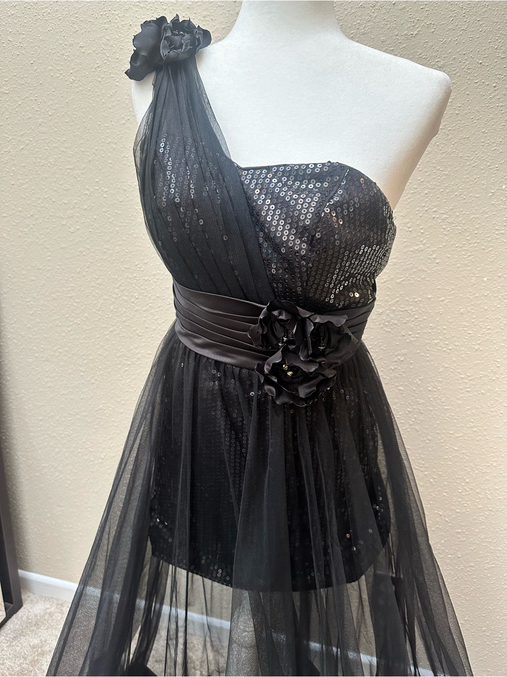 Sheer Tulle Sequin Maxi Dress One Shoulder Formal Event Gown Black Tie Sz 4 Prom - Picture 3 of 11